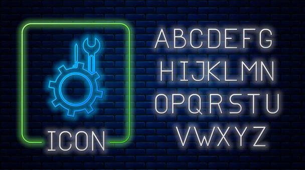 Glowing neon Wrench and screwdriver in gear icon isolated on brick wall background. Adjusting, service, setting, maintenance, repair, fixing. Neon light alphabet. Vector Illustration - Vector, Image
