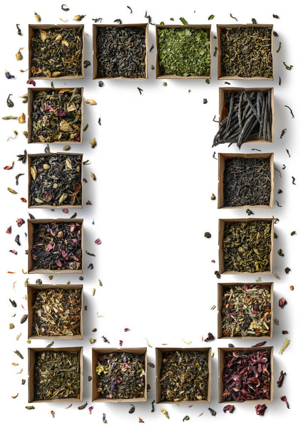 Gran variedad de tés en forma de marco sobre fondo blanco. La vista desde arriba
 - Foto, imagen