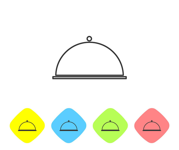 Beyaz arka planda izole edilmiş bir tepsi yemek ikonu ile kaplanmış gri çizgi. Tepsi ve kapak. Kapaklı bir restoran saati. Mutfak eşyaları sembolü. Renkli eşkenar dörtgen düğmelerine simgeleri yerleştir. Vektör İllüstrasyonu - Vektör, Görsel