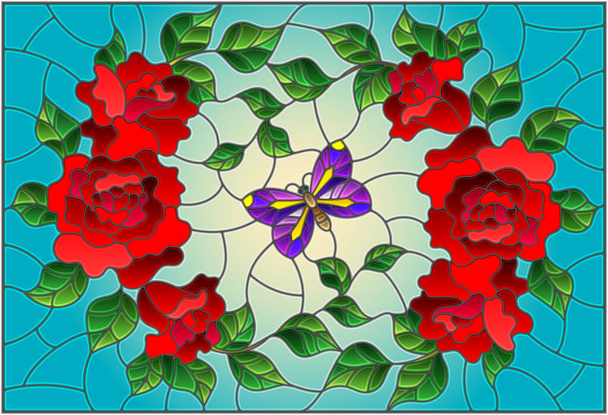 Illustration in stained glass style with red flowers and leaves of  rose, and purple butterfly on a blue background - Vector, Image