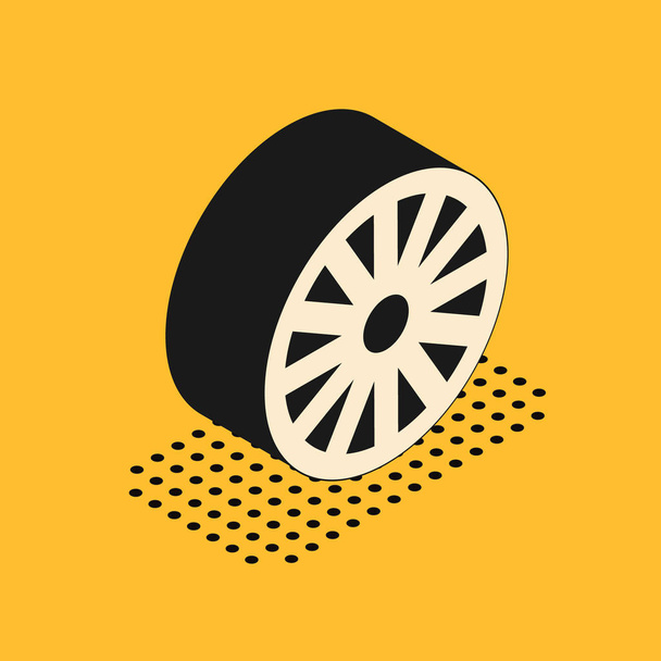 Isométrico Icono de rueda de madera antigua aislado sobre fondo amarillo. Ilustración vectorial
 - Vector, imagen