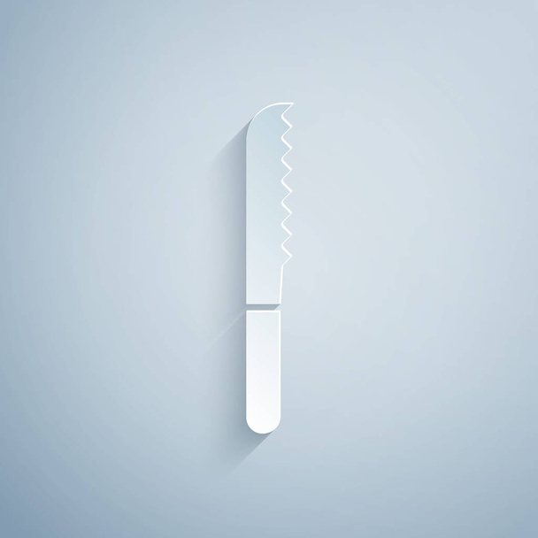 Papírvágású kenyérvágó kés ikon elszigetelt szürke háttérrel. Evőeszköz szimbólum. Papírművészeti stílus. Vektorillusztráció - Vektor, kép