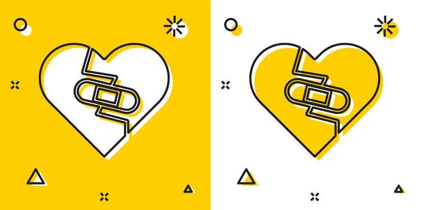 Black Healed broken heart or divorce icon isolated on yellow and white background. Shattered and patched heart. Love symbol. Valentines day. Random dynamic shapes. Vector Illustration - Vector, Image