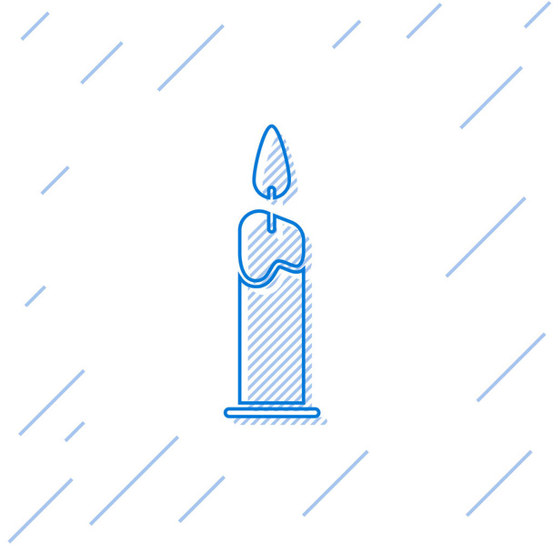 Sininen viiva Polttaminen kynttilä kynttilänjalka kuvake eristetty valkoisella pohjalla. Lieriömäinen kynttilänjalka, jossa on palava liekki. Vektorikuvaus
 - Vektori, kuva