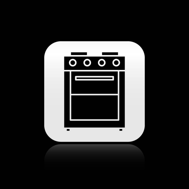 Black Oven icon isolated on black background. Stove gas oven sign. Silver square button. Vector Illustration - Vector, Image