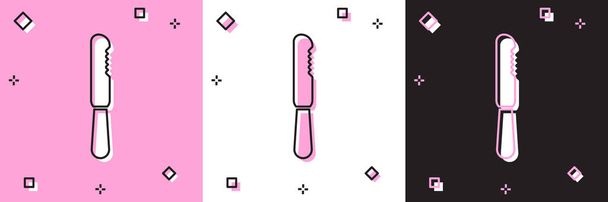 Set eldobható műanyag kés ikon elszigetelt rózsaszín-fehér, fekete háttér. Vektorillusztráció - Vektor, kép