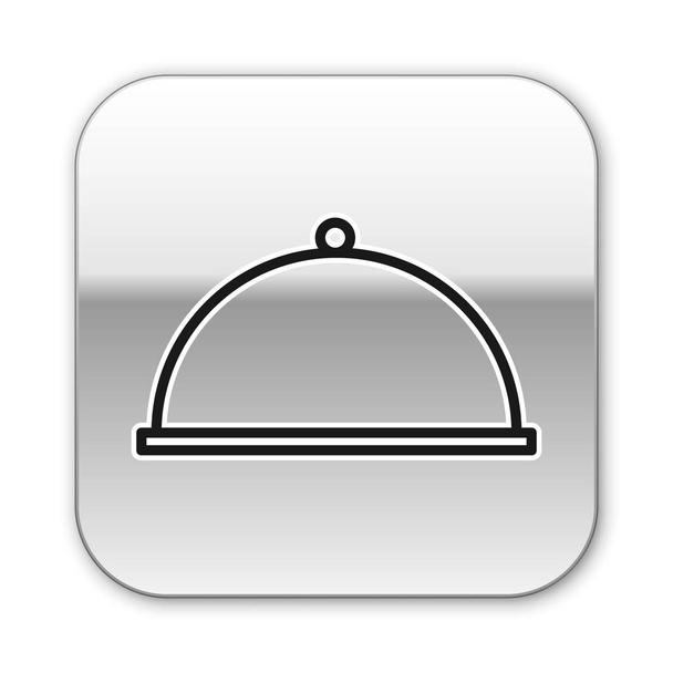 Linha preta Coberto com uma bandeja de ícone de comida isolada no fundo branco. Bandeja e tampa. Cloche restaurante com tampa. Símbolo de utensílios. Botão quadrado de prata. Ilustração vetorial
 - Vetor, Imagem