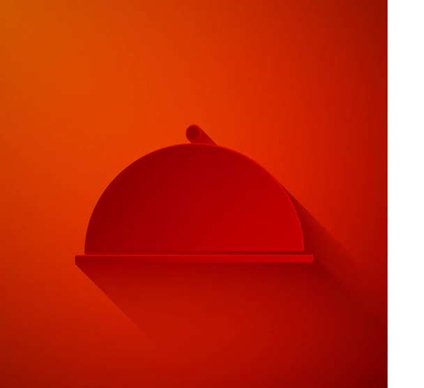 Papierschnitt bedeckt mit einem Tablett mit Essenssymbol isoliert auf rotem Hintergrund. Tablett und Deckel vorhanden. Restaurantcloche mit Deckel. Geschirrsymbol. Papierkunst. Vektorillustration - Vektor, Bild