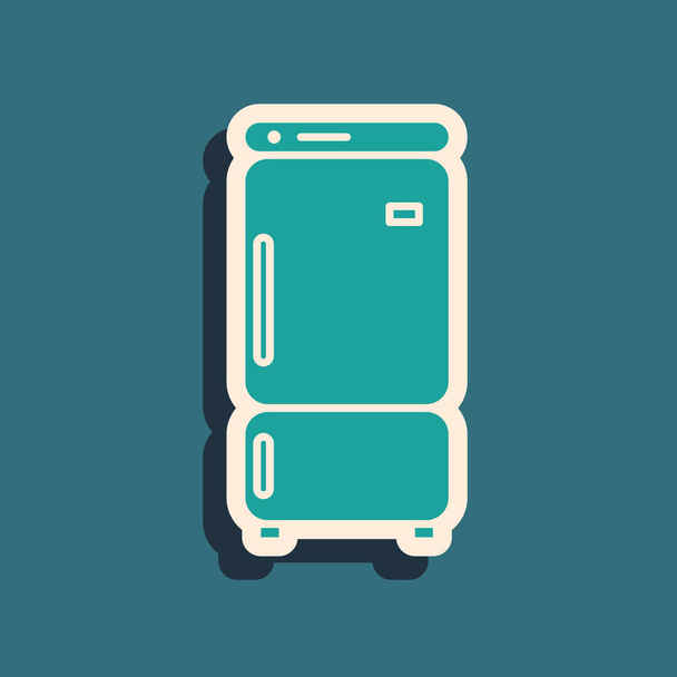 Icono del refrigerador verde aislado sobre fondo azul. Refrigerador congelador refrigerador. Tecnología y electrodomésticos. Estilo de sombra larga. Ilustración vectorial
 - Vector, imagen