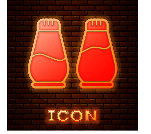 Lumineux néon Sel et poivre icône isolé sur fond de mur de briques. Cuisiner des épices. Illustration vectorielle - Vecteur, image