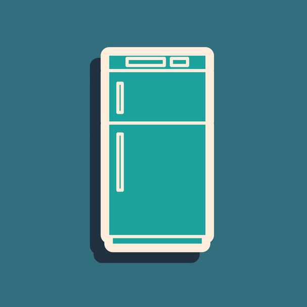 Icono del refrigerador verde aislado sobre fondo azul. Refrigerador congelador refrigerador. Tecnología y electrodomésticos. Estilo de sombra larga. Ilustración vectorial
 - Vector, imagen