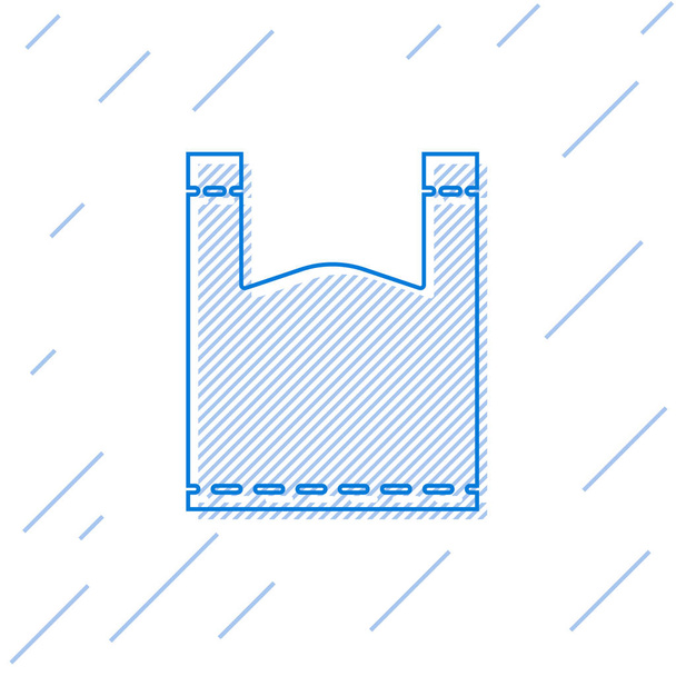 Línea azul Icono de bolsa de plástico aislado sobre fondo blanco. Celofán desechable y señal de prohibición paquete de polietileno. Ilustración vectorial
 - Vector, imagen