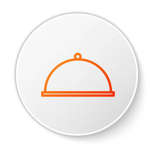 Beyaz arka planda izole edilmiş bir tepsi yiyecek ikonu ile kaplanmış turuncu çizgi. Tepsi ve kapak. Kapaklı bir restoran saati. Mutfak eşyaları sembolü. Beyaz daire düğmesi. Vektör İllüstrasyonu - Vektör, Görsel
