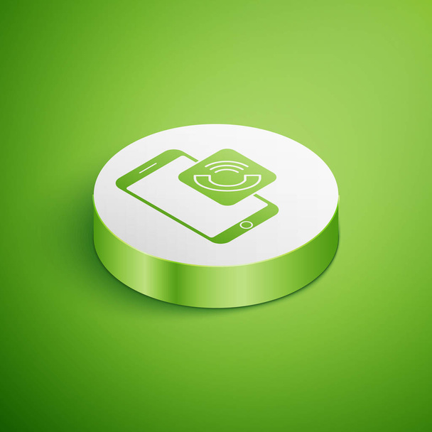 Izometrická ikona mobilního telefonu izolovaná na zeleném pozadí. Bílý knoflík. Vektorová ilustrace - Vektor, obrázek