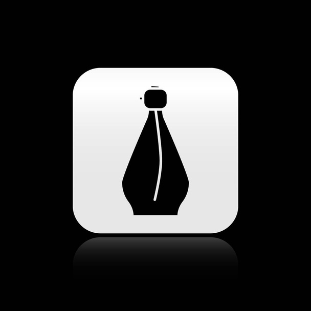 schwarzes Parfüm-Symbol isoliert auf schwarzem Hintergrund. Silberner quadratischer Knopf. Vektorillustration - Vektor, Bild