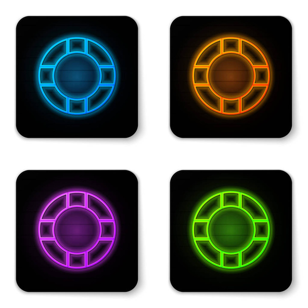 Glowing neon Lifebuoy icon isolated on white background. Lifebelt symbol. Black square button. Vector Illustration - Vector, Image