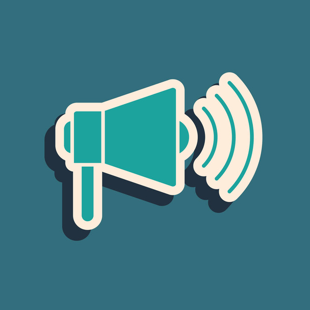 Green Megaphone icon isolated on blue background. Loud speach alert concept. Bullhorn for Mouthpiece scream promotion. Long shadow style. Vector Illustration - Vector, Image