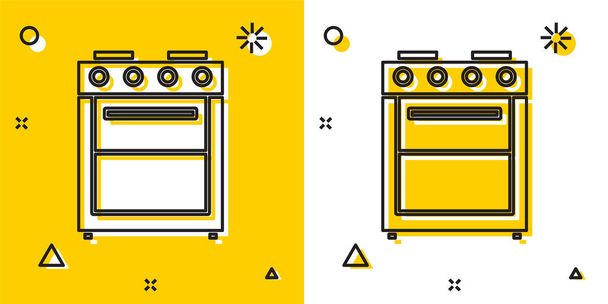 黄色と白の背景に分離された黒のオーブンアイコン。ストーブガスオーブンサイン。ランダムな動的シェイプ。ベクトルイラストレーション - ベクター画像