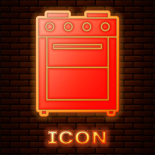 Glowing neon Oven icon isolated on brick wall background. Stove gas oven sign.  Vector Illustration - Vector, Image