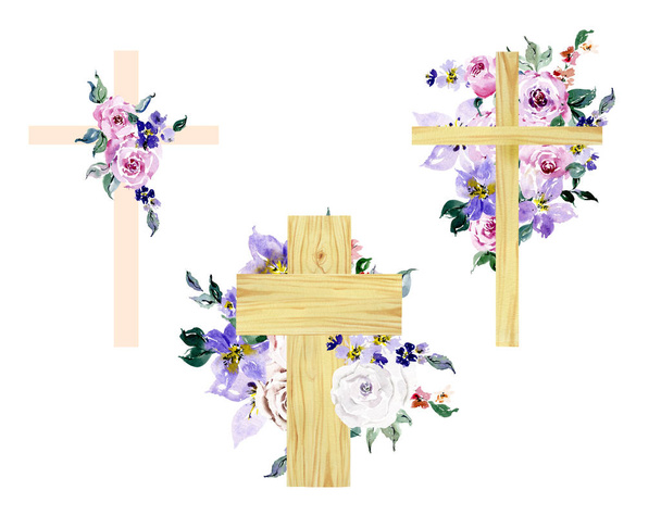 Aquarelle Croix de fleurs, Croix de bois, Baptême, Clipart floral, Peint à la main première communion, Saint-Esprit, Arrangements floraux, Croix de Pâques
 - Photo, image