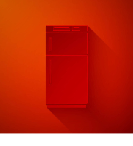 Řez papíru Ikona lednice izolované na červeném pozadí. Lednice s mrazákem. Domácí technika a spotřebiče. Papírový styl. Vektorová ilustrace - Vektor, obrázek