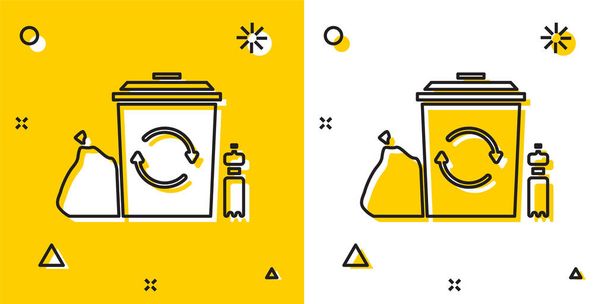 Cubo de reciclaje negro con icono de símbolo de reciclaje aislado sobre fondo amarillo y blanco. Icono de bote de basura. Cartel de basura. Cesta de reciclaje. Formas dinámicas aleatorias. Ilustración vectorial
 - Vector, Imagen