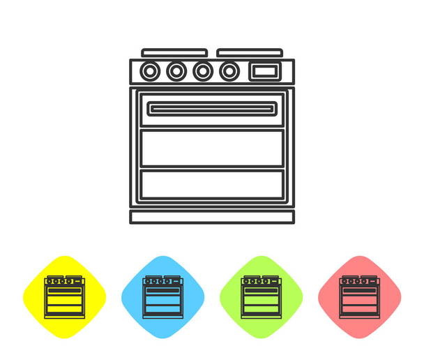 Grey line Oven icon isolated on white background. Stove gas oven sign. Set icons in color rhombus buttons. Vector Illustration - Vector, Image