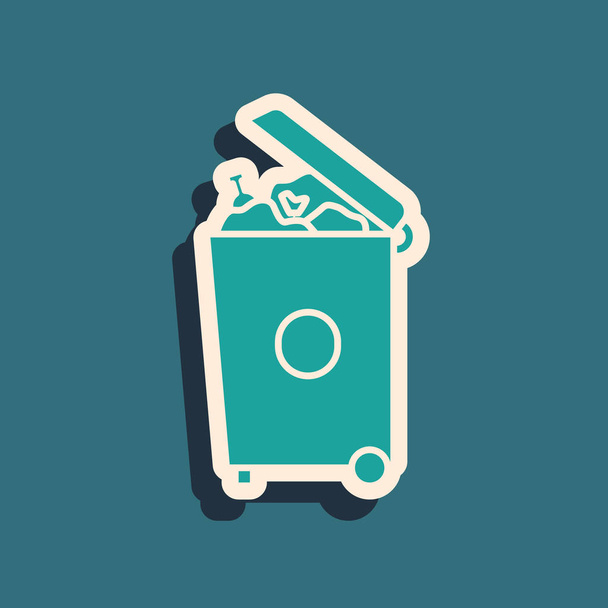 Green Trash can icon isolated on blue background. Garbage bin sign. Recycle basket icon. Office trash icon. Long shadow style. Vector Illustration - Vector, Image