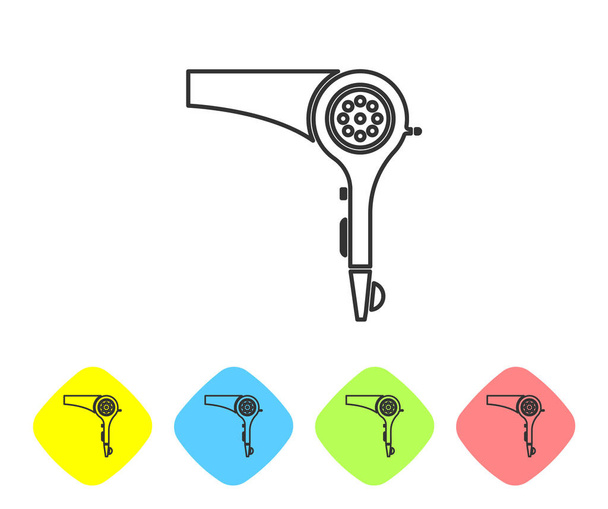 Grey line Hair dryer icon isolated on white background. Hairdryer sign. Hair drying symbol. Blowing hot air. Set icons in color rhombus buttons. Vector Illustration - Vector, Image