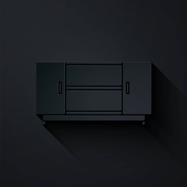 Řez papíru Televizní stůl stojan ikona izolované na černém pozadí. Papírový styl. Vektorová ilustrace - Vektor, obrázek