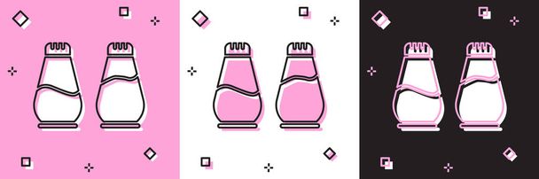Définir l'icône Sel et poivre isolé sur fond rose et blanc, noir. Cuisiner des épices. Illustration vectorielle - Vecteur, image