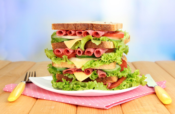 Huge sandwich on wooden table, on light background - Valokuva, kuva