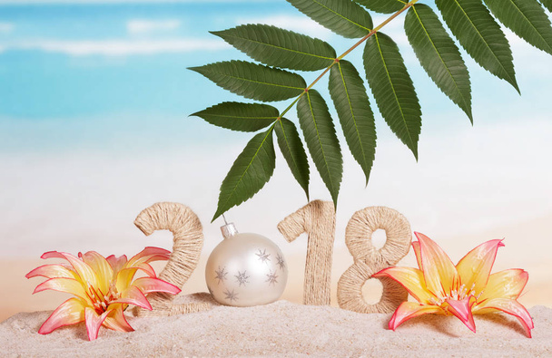 New Year inscription 2018, white Christmas ball instead - Φωτογραφία, εικόνα