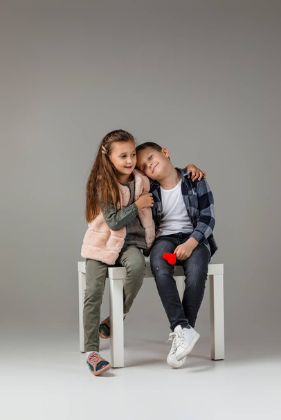couple child girl and boy in fashionable clothes - Photo, image