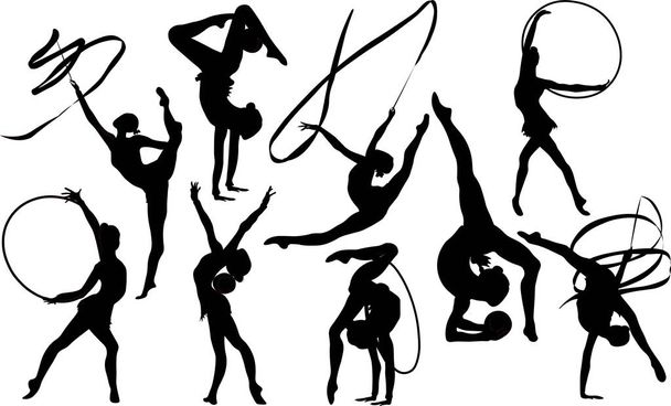 Набір дівчаток ритмічна гімнастика силует Векторні ілюстрації. Тренувальна потужність гімнастики. Чемпіонат з тренувань з художньої гімнастики красивий персонаж. Жінки Акробатична гімнастика
 - Вектор, зображення