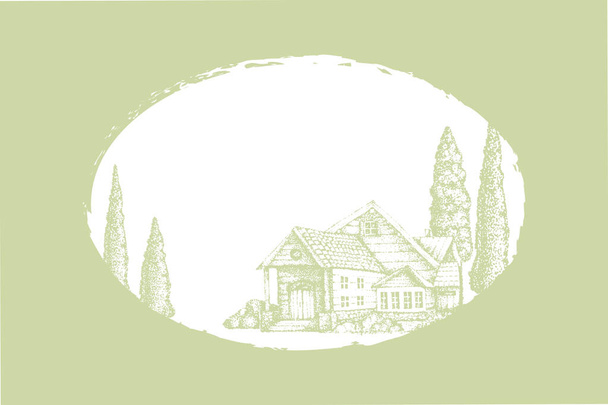 Architecture of a country house, rural construction, olive farm. Graphic sketch, vector illustration. Horizontal banner on a green and white background. - Vector, Image