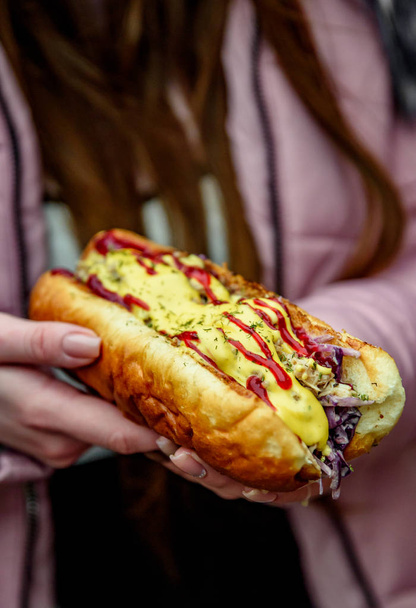 Hot dog in the hands of woman. Street food outdoor winter - Photo, Image