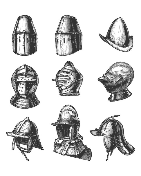 Set of different medieval military helmets - Vektör, Görsel