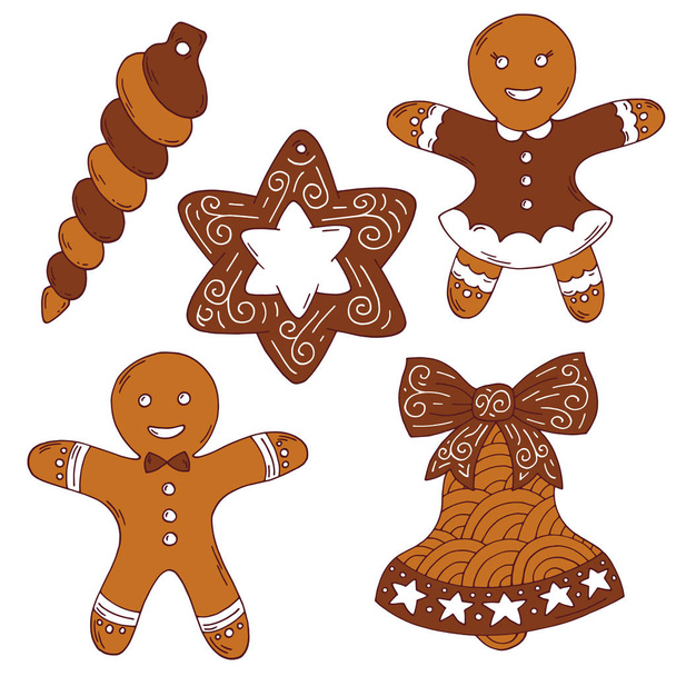 Cute doodles, vector illustration for Christmas, hand drawn set for decoration. Clipart of cookies, gingerbread, icicle, star, gingerbread man and girl tree decoration, bell with bow. - Vector, Image