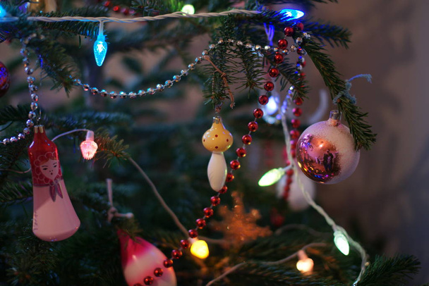 green fir tree with colored toys and garlands in room background - Φωτογραφία, εικόνα