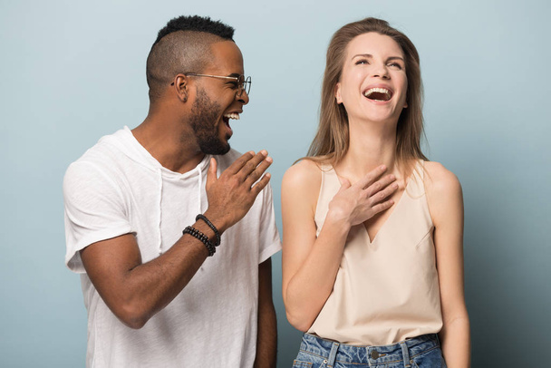 Happy multiracial people laugh isolated on studio background - Zdjęcie, obraz