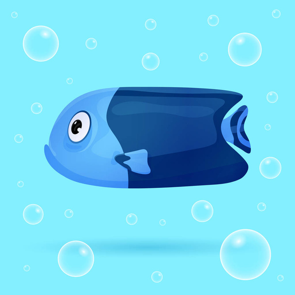 Cute tropical fish on blue background with bubbles. Brightly-coloured ocean fish. Underwater marine wild life. Vector illustration. - Vector, Image