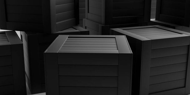 Kratten, gesloten zwarte houten kisten achtergrond. 3d illustratie - Foto, afbeelding