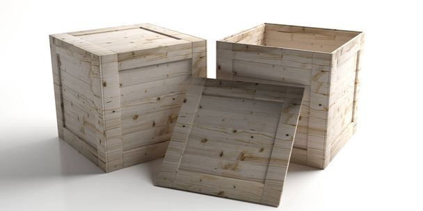 Skrzynie, zamknięte i otwarte skrzynki drewniane izolowane na białym tle. Ilustracja 3D - Zdjęcie, obraz
