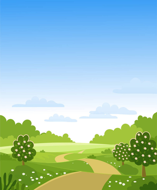 Hello Spring. Flowering trees on the farm. Green hills and meadows, blue sky with clouds, flowers on fruit trees. Card with spring or summer landscape. Flat vector illustration. - ベクター画像