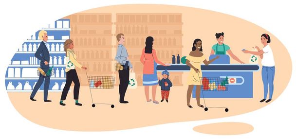 People in grocery store, line at cash desk, supermarket customers, vector illustration - Vector, Image