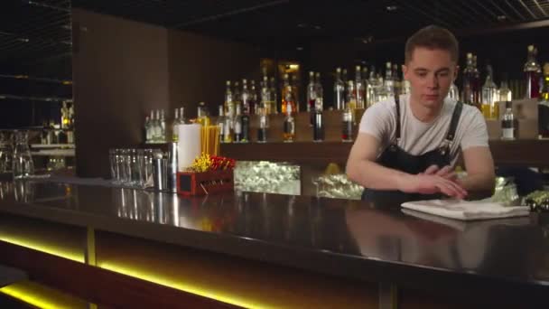 Bartender in the apron wipes bar counter with a rag - 映像、動画