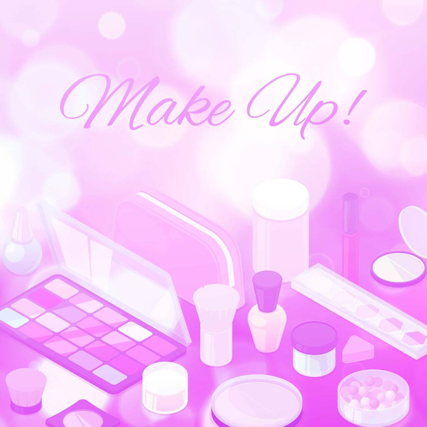 Makeup beauty collection purple blurred background of makeup cosmetics and accessories, vector illustration. - Vektori, kuva