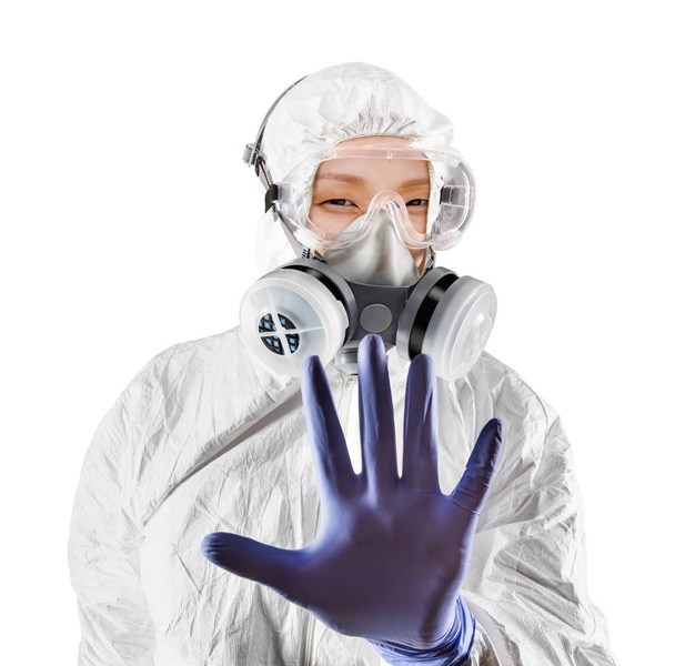 Chinese Woman Wearing Hazmat Suit, Protective Gas Mask and Goggles Isolated On White - Photo, Image