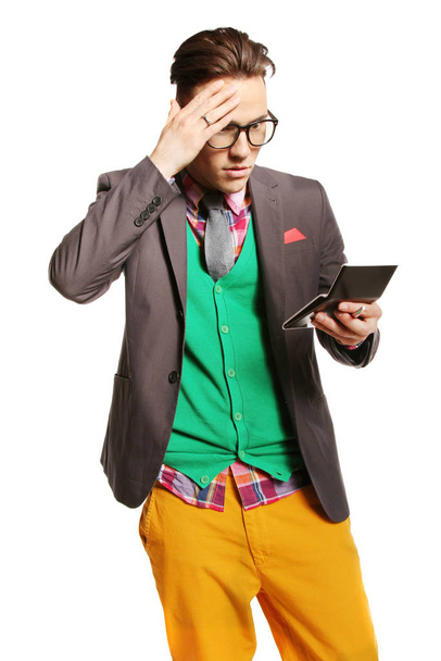 young businessman with tablet pc on white background - Zdjęcie, obraz